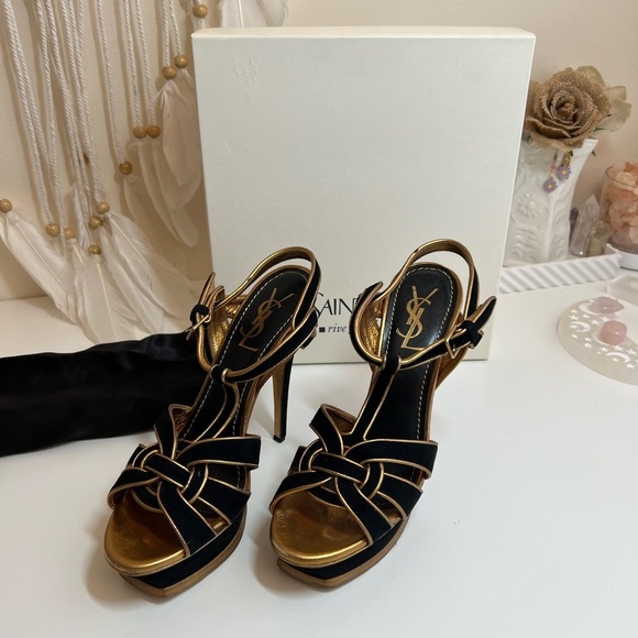 Yves Saint Laurent YSL Suede Black Gold Cutout Accent T-Strap Sandals - Picture 13 of 13
